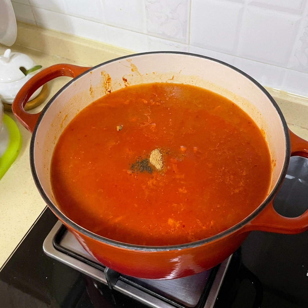 끓고 있는 찌개에 가루 양념을 넣는 모습.