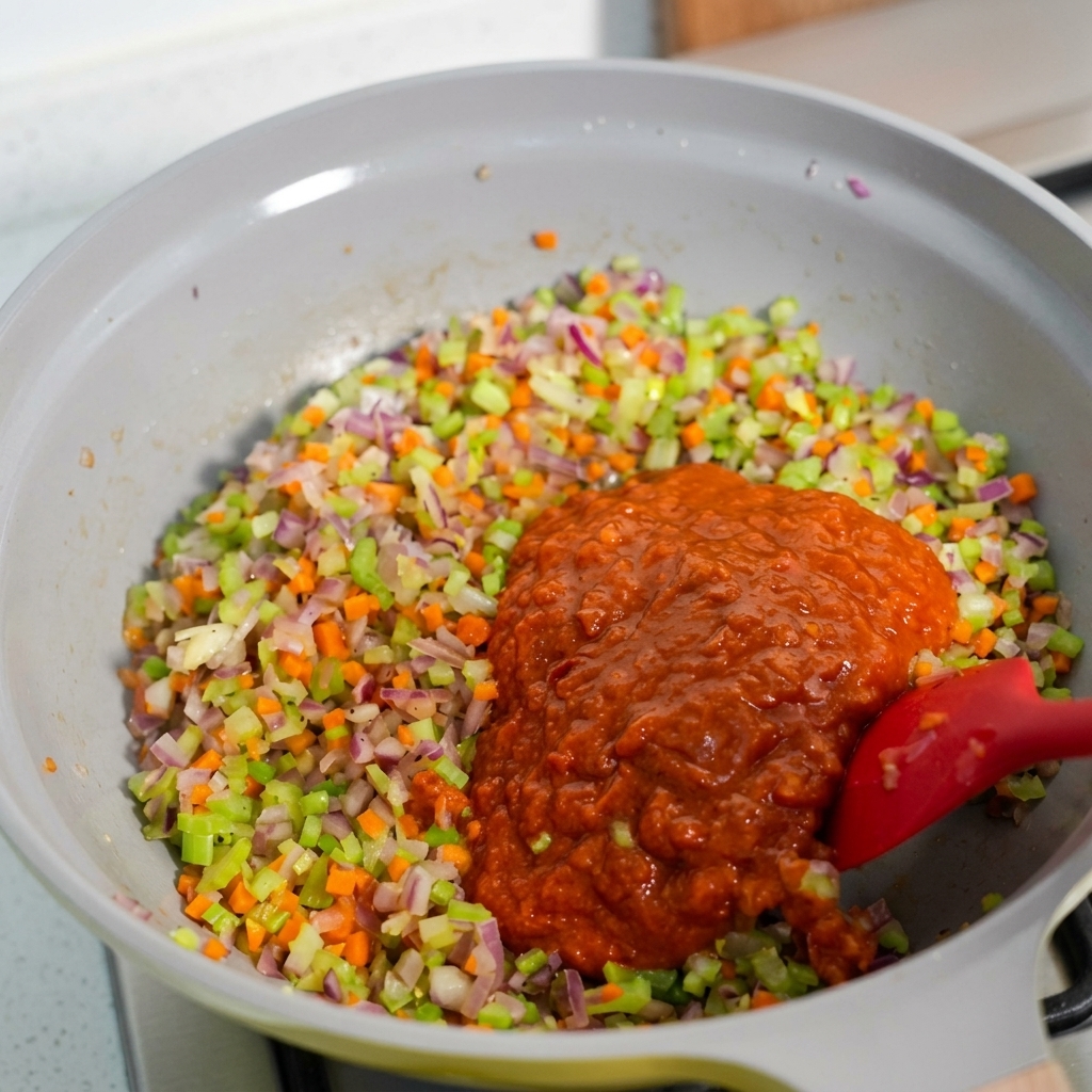 채소를 볶고 있는 팬에 토마토 소스를 붓는 모습.