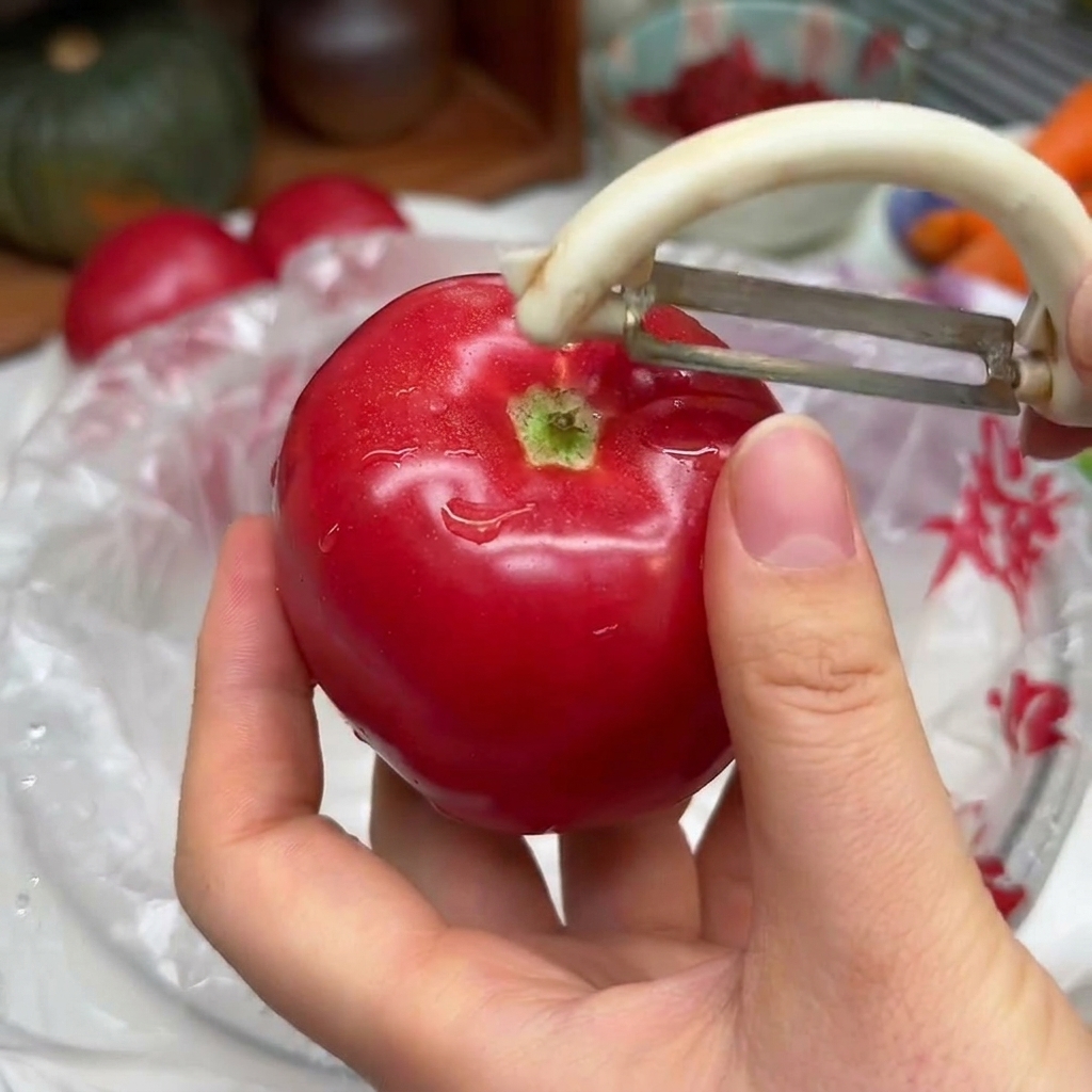하얀 감자칼을 이용해 빨갛고 신선한 토마토의 껍질을 벗기는 모습.