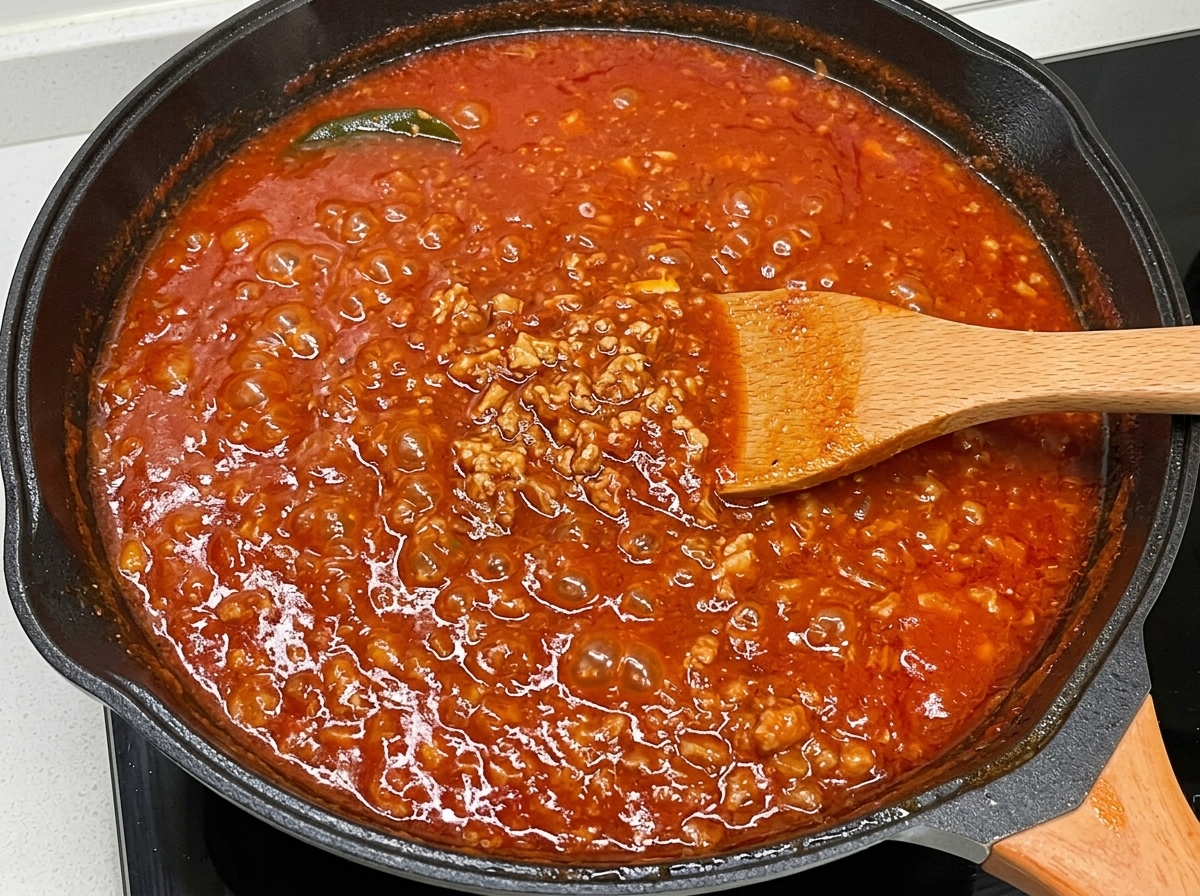 어두운 색의 팬에서 부드럽고 걸쭉해진 진한 토마토 미트 소스를 나무 숟가락으로 젓고 있는 모습.