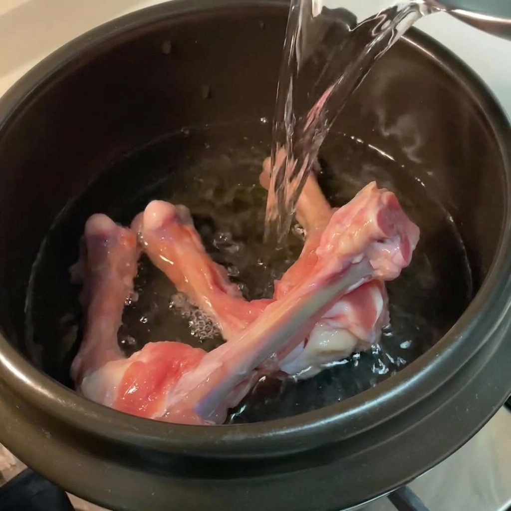 닭다리뼈가 들어 있는 검은색 뚝배기에 깨끗한 물을 붓는 모습.