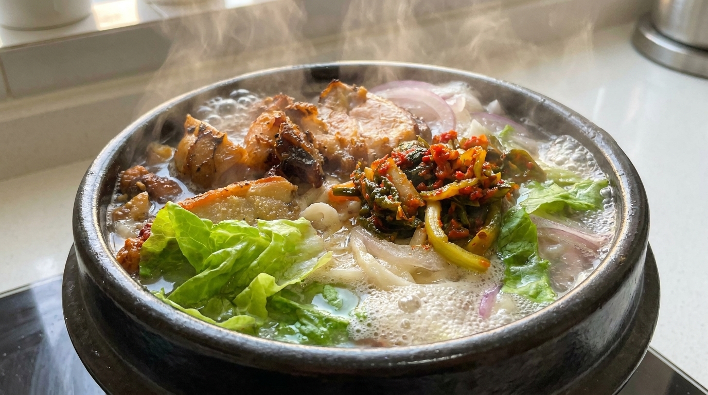 진한 닭고기 육수에 구운 치킨, 신선한 상추, 적양파, 매콤한 파김치가 듬뿍 올라간 뚝배기 치킨 누들 수프.