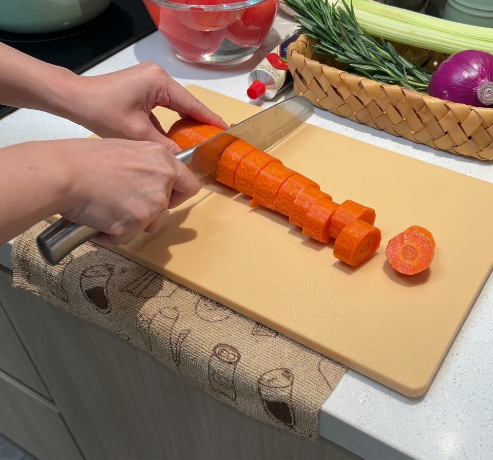 도마 위에서 신선한 당근을 일정한 두께로 썰고 있는 모습.