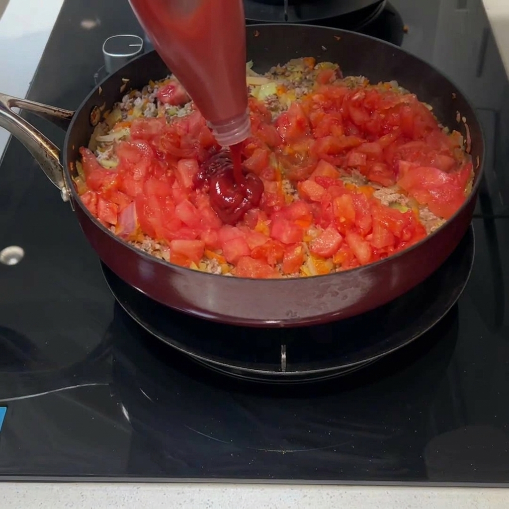 토마토, 고기, 채소가 든 프라이팬에 튜브형 토마토 페이스트를 짜서 넣는 모습.
