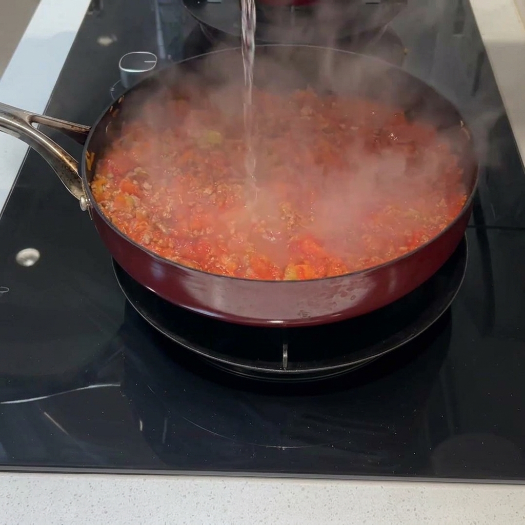 고기, 채소, 토마토가 완전히 잠기도록 팬에 맑은 물을 붓고 있는 모습.
