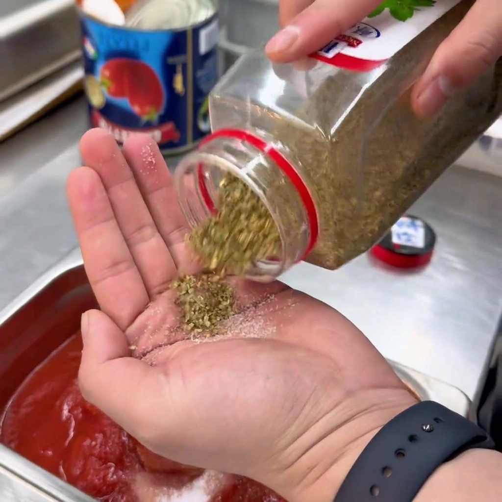 토마토 소스에 손바닥으로 말린 오레가노를 비벼서 뿌리는 모습.