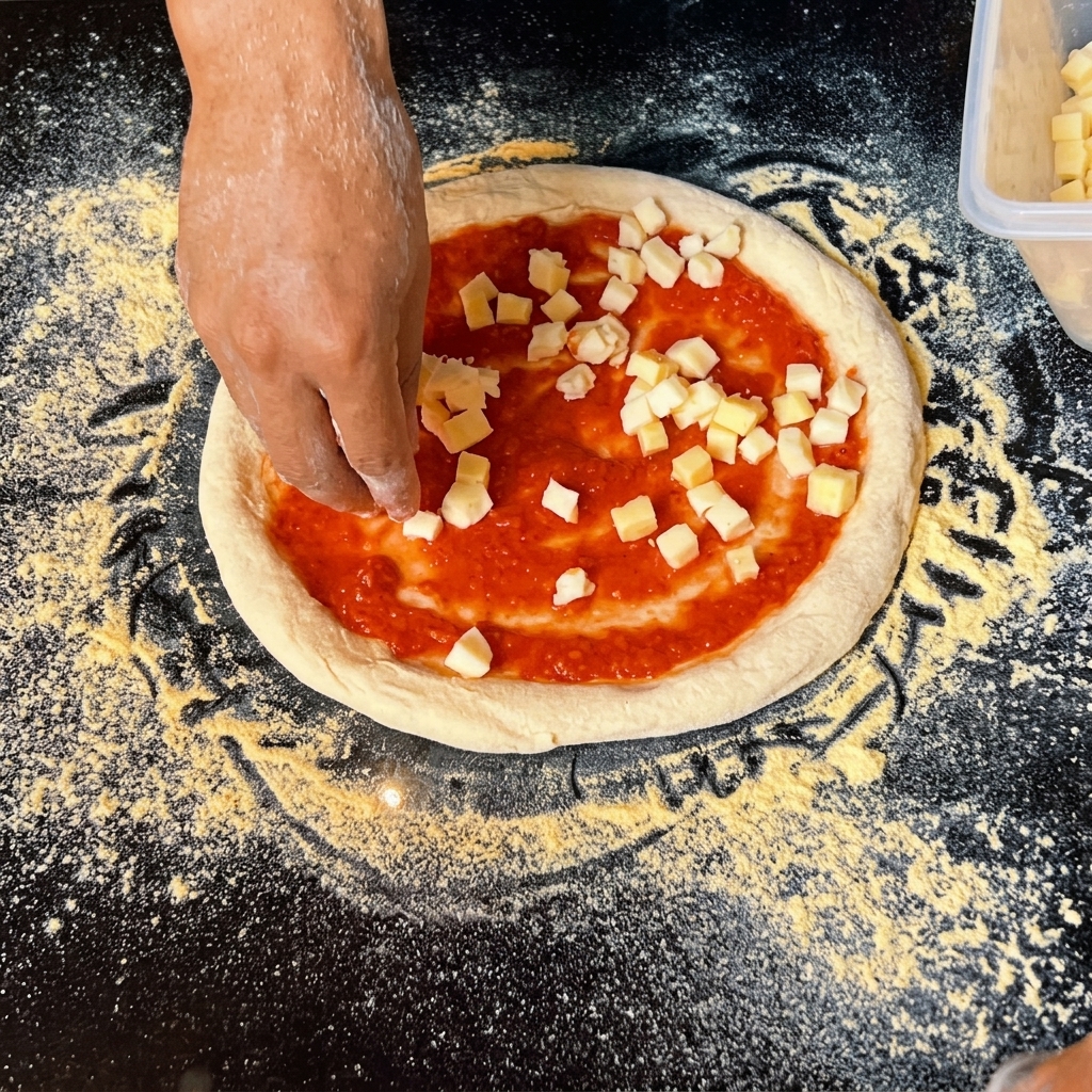 토마토 소스를 바른 피자 위에 작게 썬 모짜렐라 치즈를 뿌리는 모습.