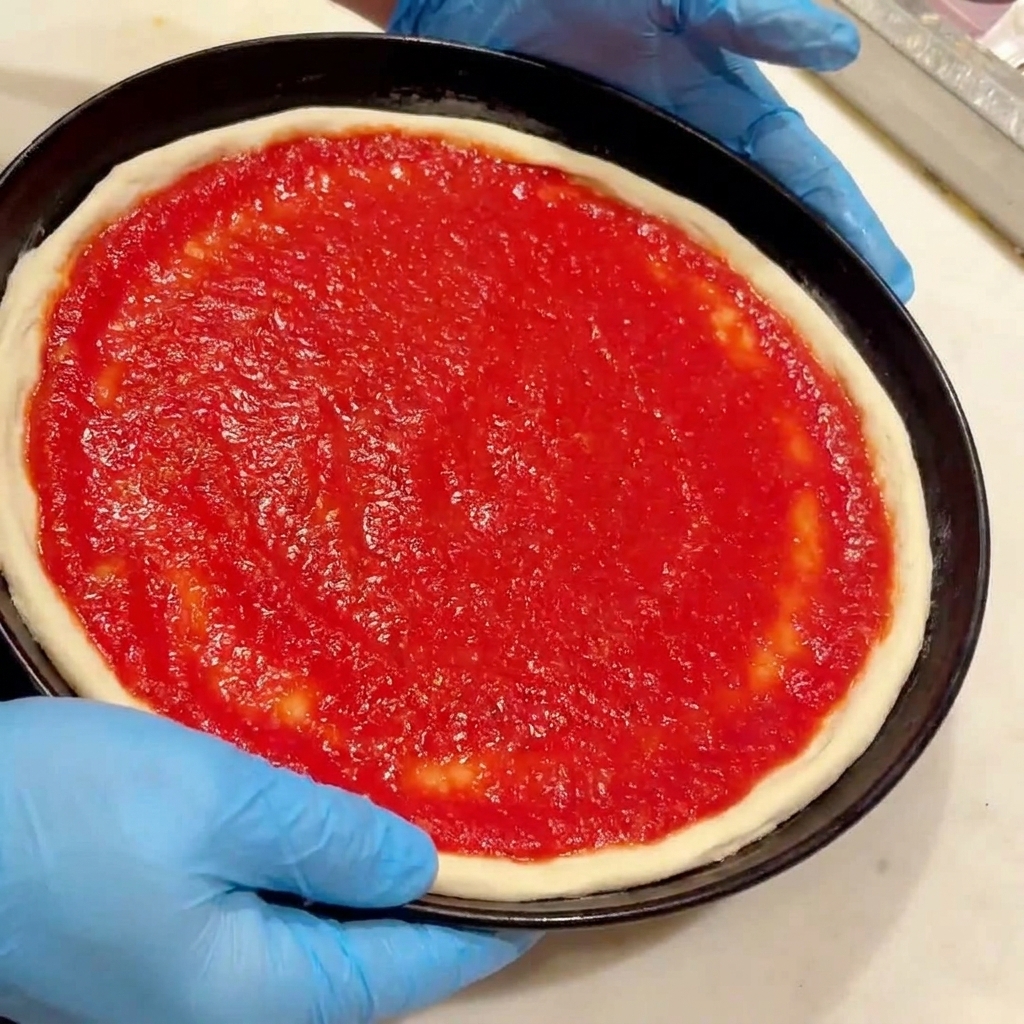 생 피자 도우 위에 붉은 토마토 소스를 고르게 펴 바르는 모습.