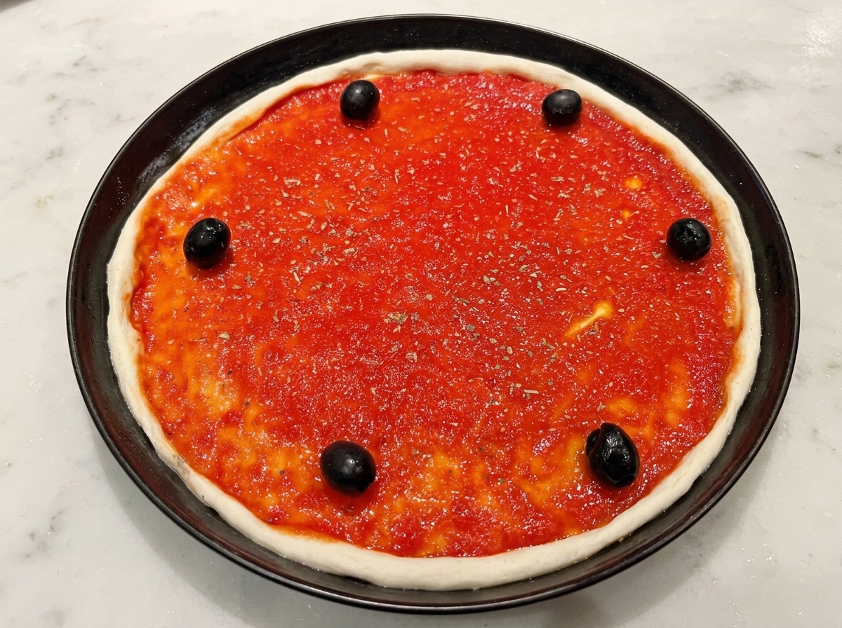 토마토 소스 위에 블랙 올리브를 올리고 오일을 가볍게 뿌린 모습.