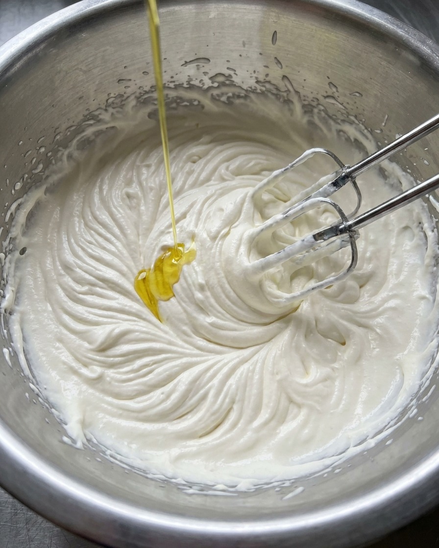반죽이 섞이는 동안 올리브 오일을 천천히 붓는 모습.