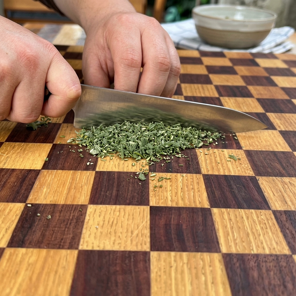 도마 위에서 신선한 허브를 다지는 모습.
