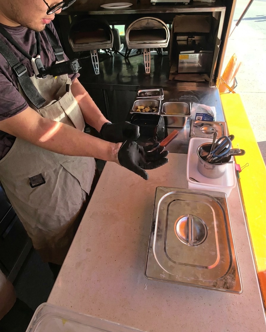 밀가루가 묻은 피자 도우 반죽이 준비 트레이에 담겨 있는 모습.