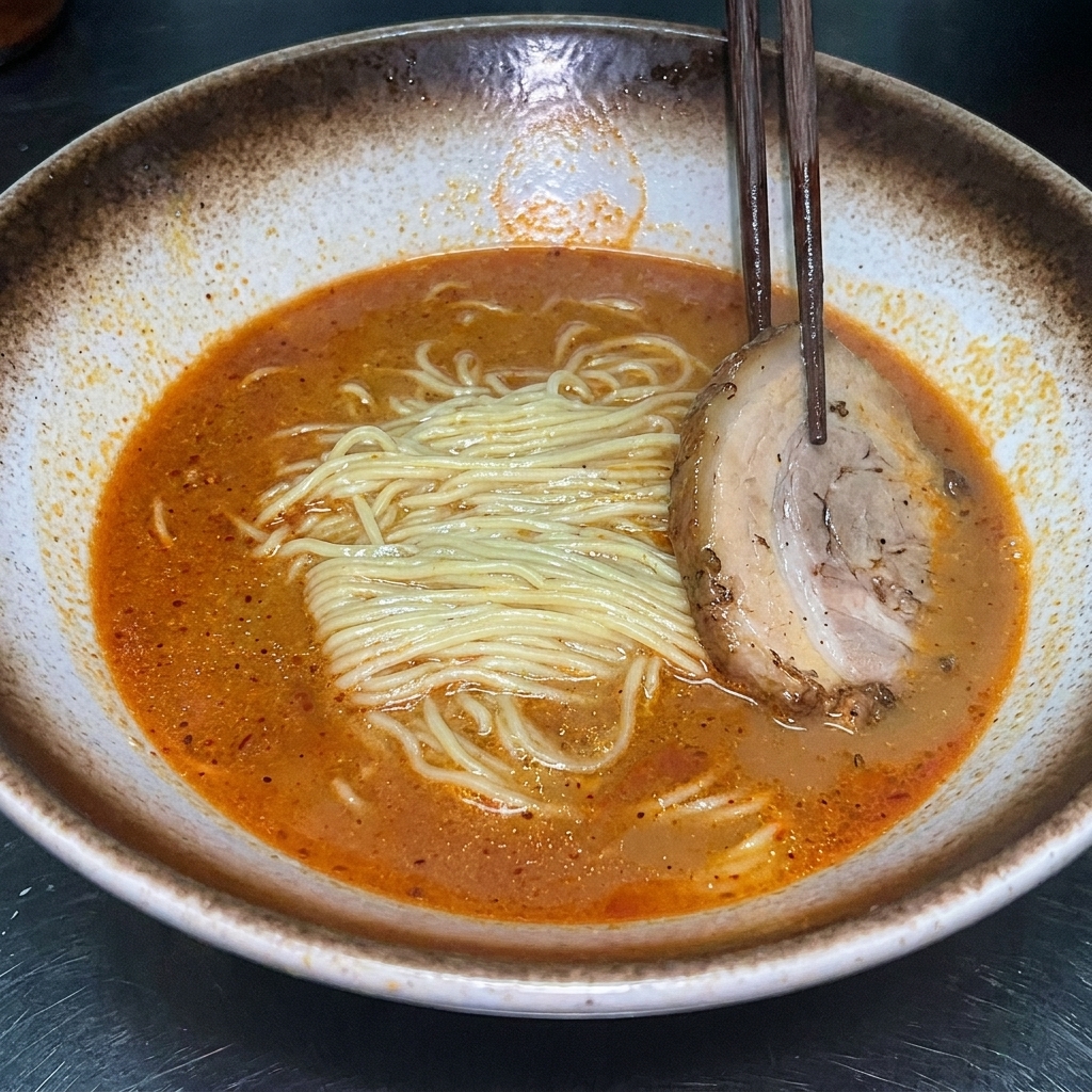 완성된 미소 라멘 위에 차슈, 반숙란, 옥수수를 올린 모습.