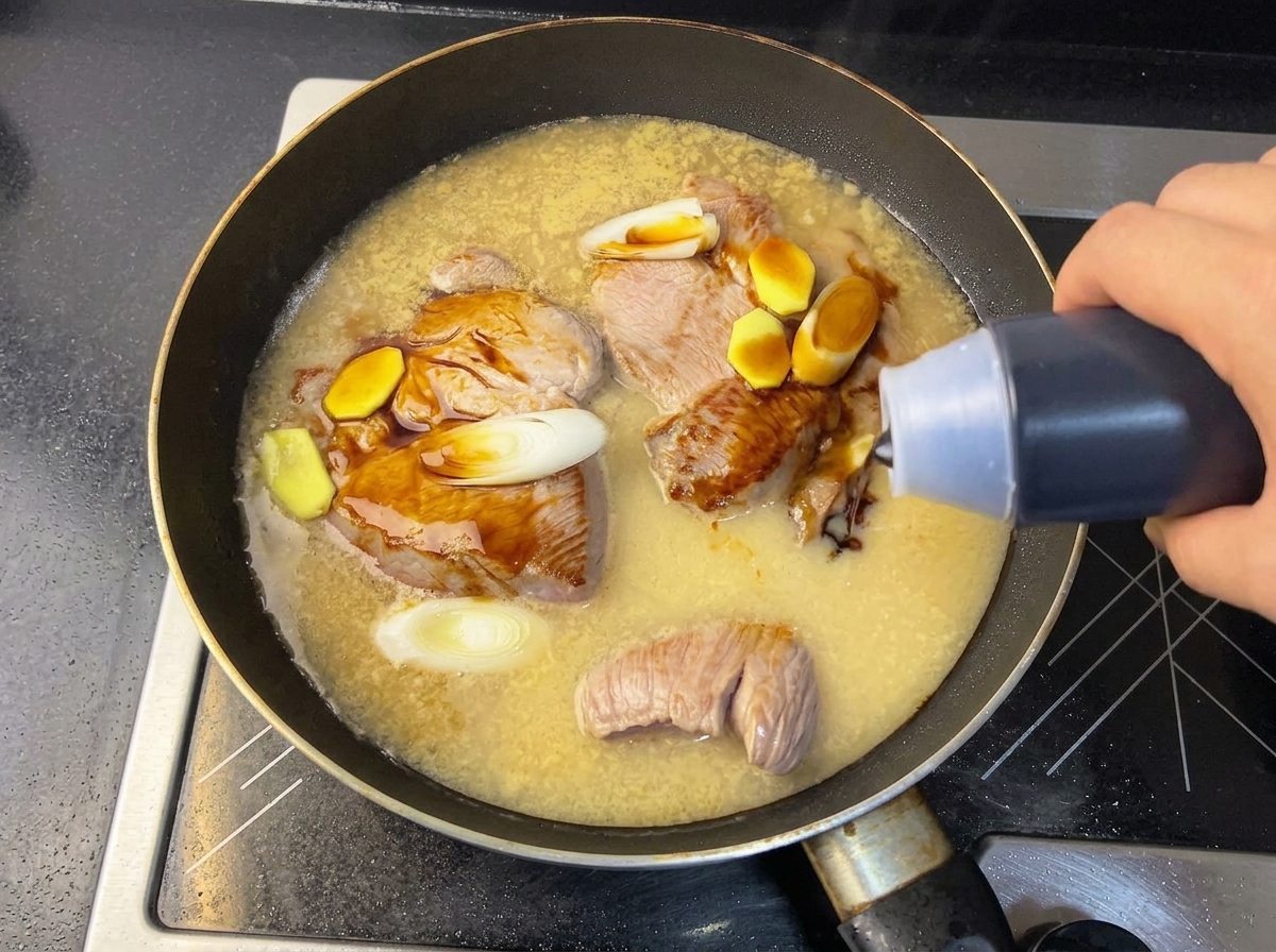 조리 중인 고기에 간장을 넣는 모습.