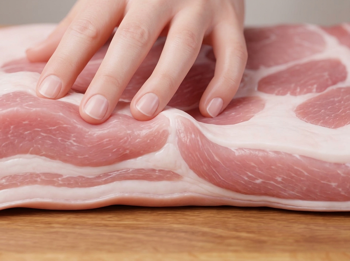 칼로 삼겹살 껍질과 지방 쪽에 격자무늬 칼집을 넣는 모습.