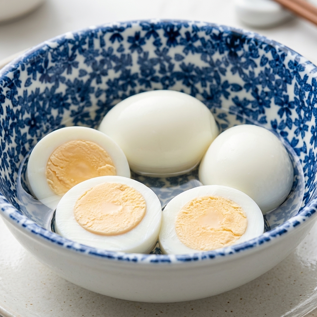 삶은 달걀을 간장 소스에 담가 절이는 모습.