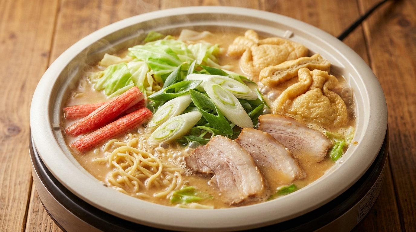 삼겹살, 양배추, 맛살, 유부, 라멘 면이 풍성하게 들어간 진한 미소 육수의 라멘이 냄비에 담겨 있습니다.