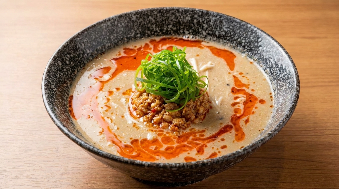 정통 일본식 탄탄멘 한 그릇 — 크리미한 참깨 육수, 맛있는 다진 고기, 선명한 붉은 고추기름, 그리고 신선한 대파.
