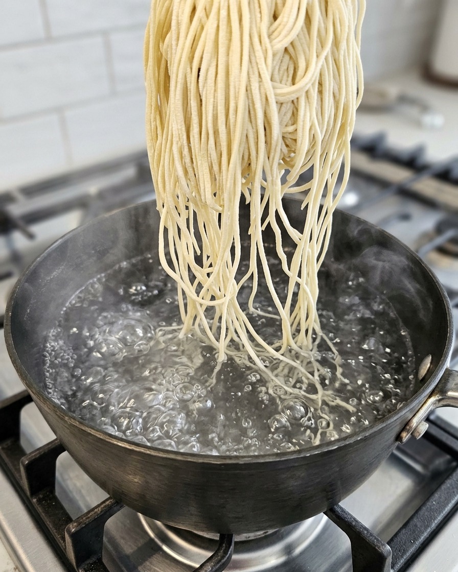 냄비에서 삶아지고 있는 라멘 면.