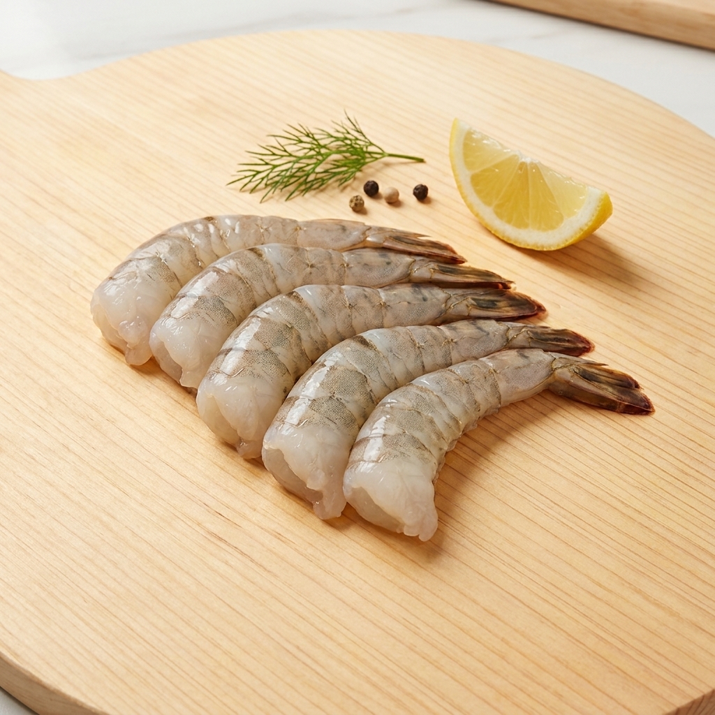 도마 위에서 새우 껍질을 벗기고 내장을 제거하는 모습.