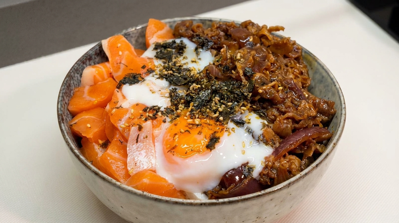 신선한 연어 슬라이스와 짭조름한 소고기 볶음, 그리고 촉촉한 온센타마고가 어우러진 먹음직스러운 일식 돈부리.