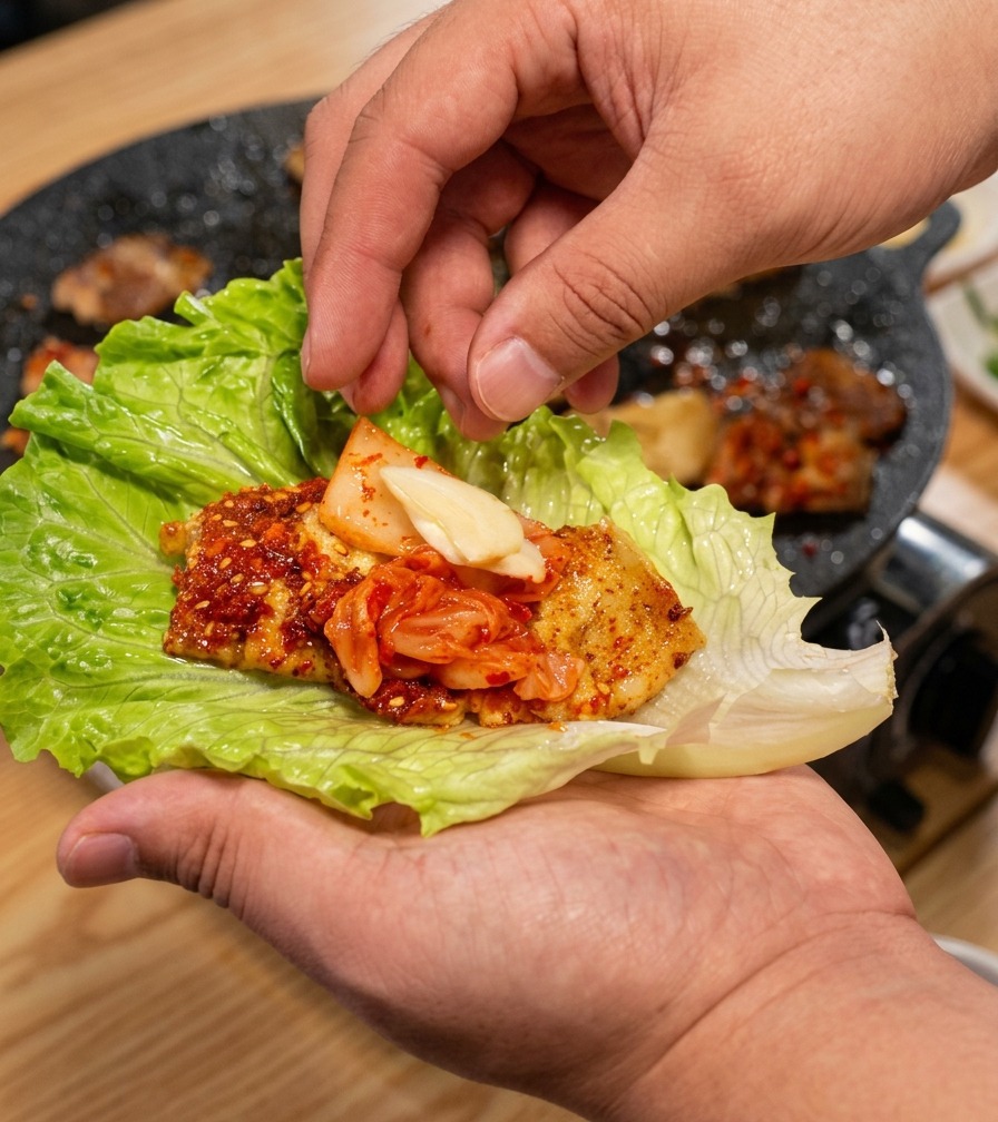 삼겹살과 김치가 담긴 상추쌈 위에 생마늘 한 조각을 올리는 모습