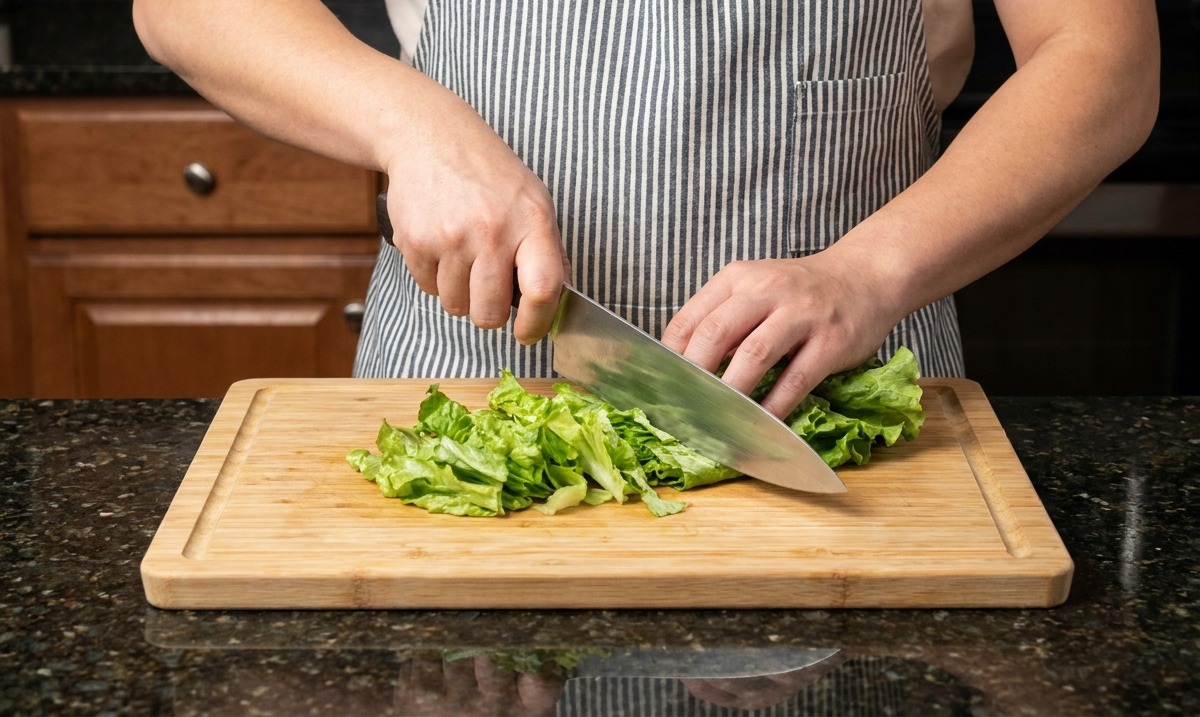 대나무 도마 위에서 날카로운 식도로 신선한 청상추를 먹기 좋은 크기로 써는 모습