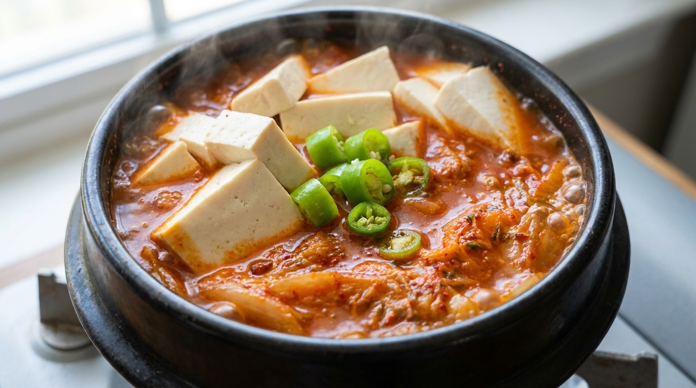 신선한 두부와 송송 썬 청양고추를 올려 보글보글 맛있게 끓고 있는 참치김치찌개