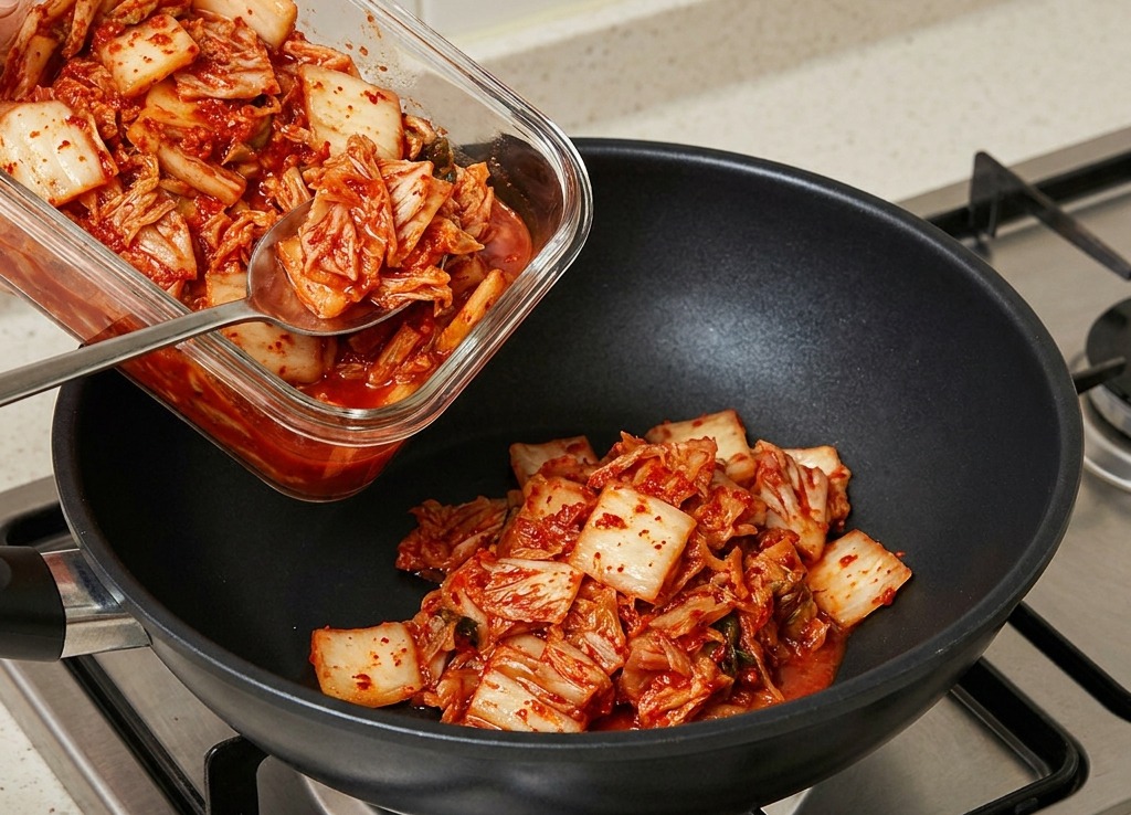 가스레인지 위 검은색 냄비에 유리 용기에 담긴 썰어둔 신김치를 넣는 모습