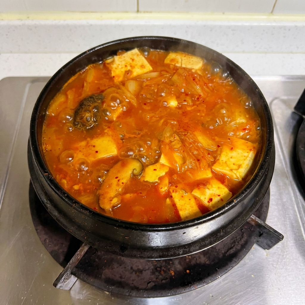 뚝배기 속에서 보글보글 맛있게 끓고 있는 참치김치찌개의 완성된 모습
