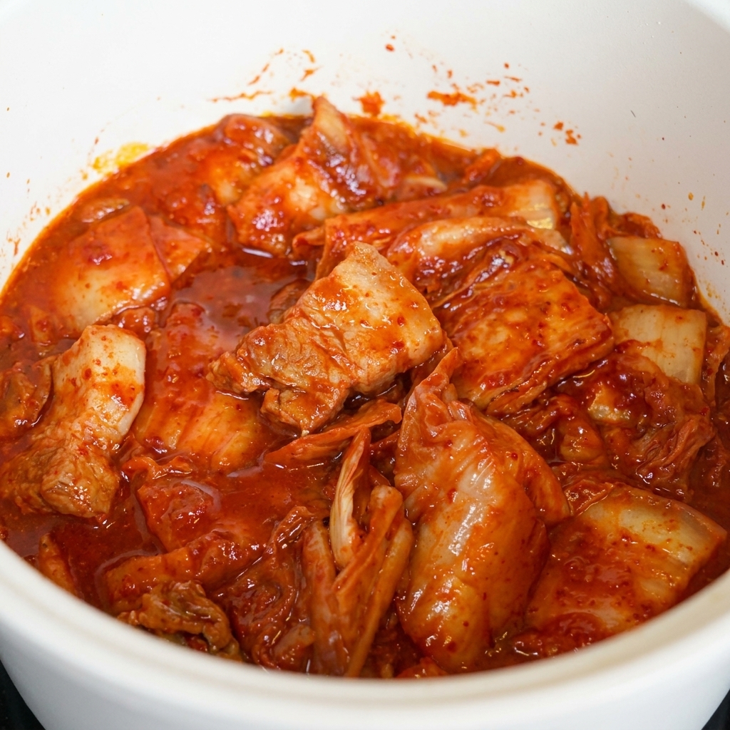 냄비 속에서 붉은 양념이 골고루 배도록 삼겹살과 썬 김치를 젓가락으로 잘 섞어가며 볶는 모습
