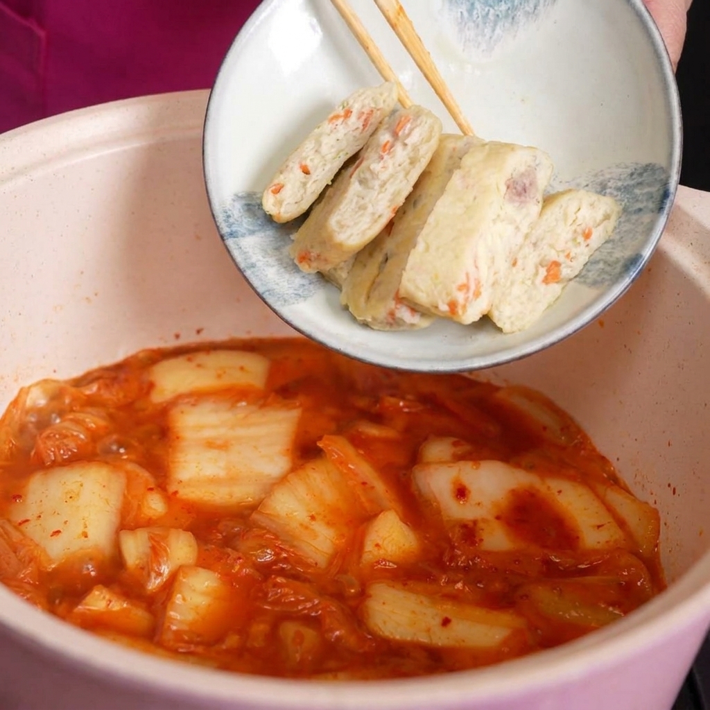 당근 조각이 콕콕 박힌 썬 어묵이 담긴 흰 그릇을 보글보글 끓고 있는 붉은 김치찌개 냄비에 비우는 모습