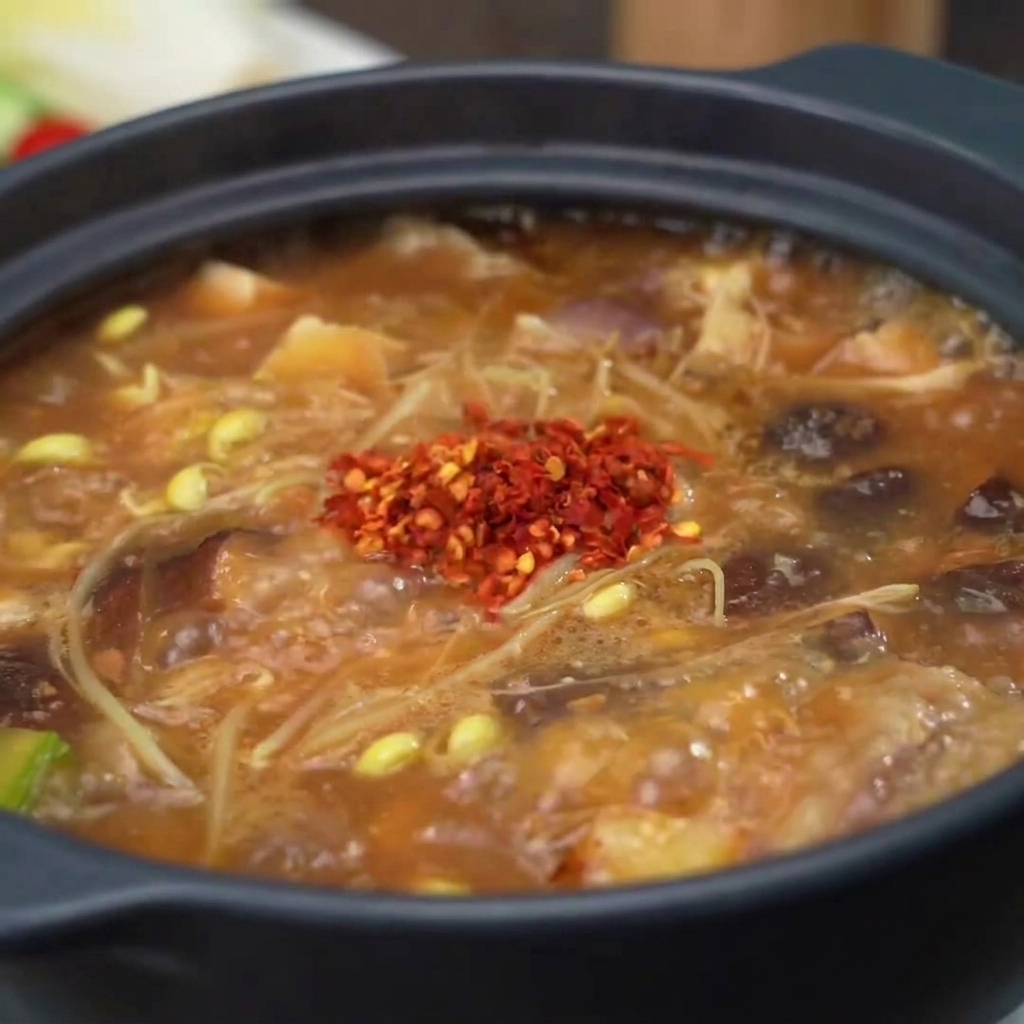 김이 모락모락 나는 된장찌개 정중앙에 붉은 고춧가루를 한 스푼 솔솔 뿌려 포인트를 주는 모습