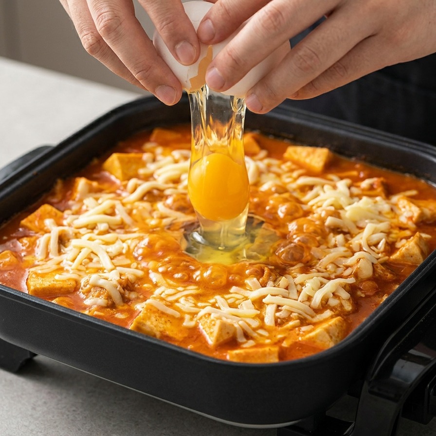 치즈가 부드럽게 녹아내린 찌개 한가운데에 신선한 달걀 한 개를 조심스럽게 깨트려 넣는 손