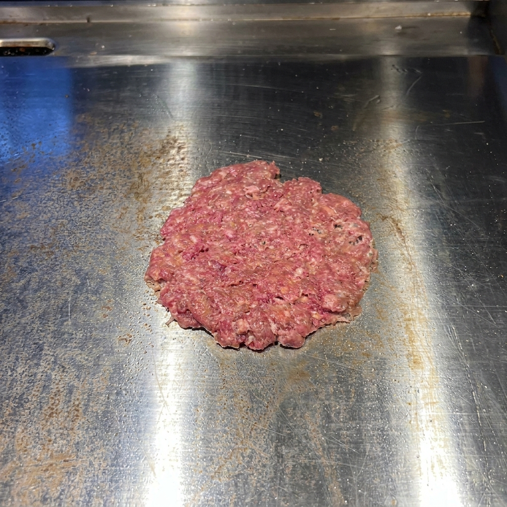 스테인리스 철판 위에서 납작하게 펴진 소고기 패티 위에 천일염과 후추가 골고루 뿌려진 모습.