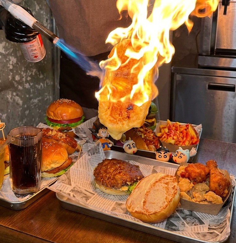 토치를 사용해 커다란 치즈 표면을 노릇노릇하고 기포가 생길 때까지 그을리는 손.