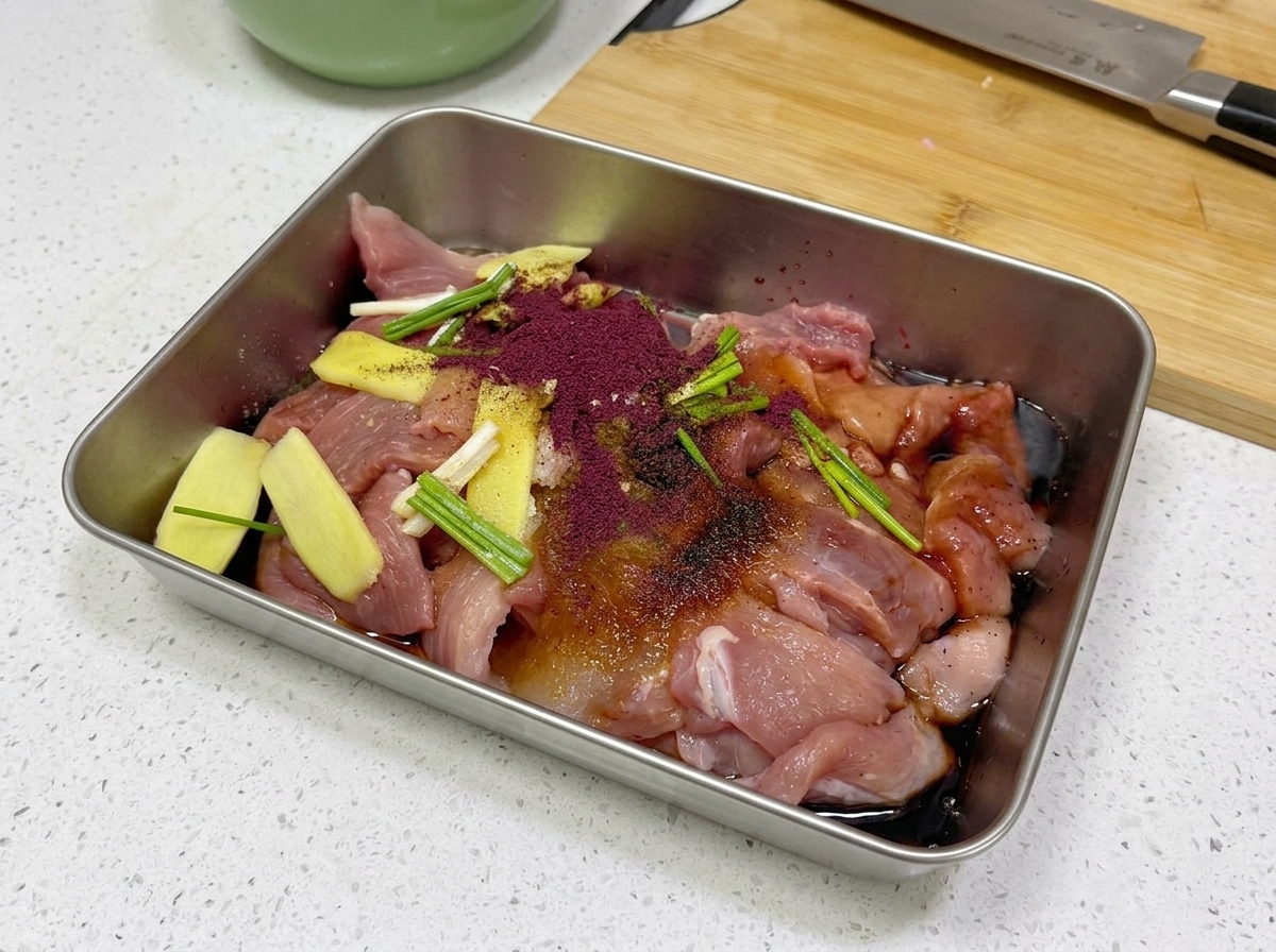 양념한 고기 위에 붉은빛이 도는 홍국쌀가루를 솔솔 뿌려주는 모습.
