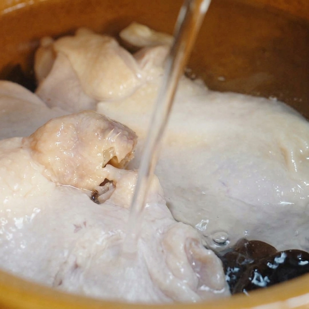 뚝배기 속 데친 닭다리살 위로 맑은 물이 졸졸 쏟아지는 클로즈업 사진.