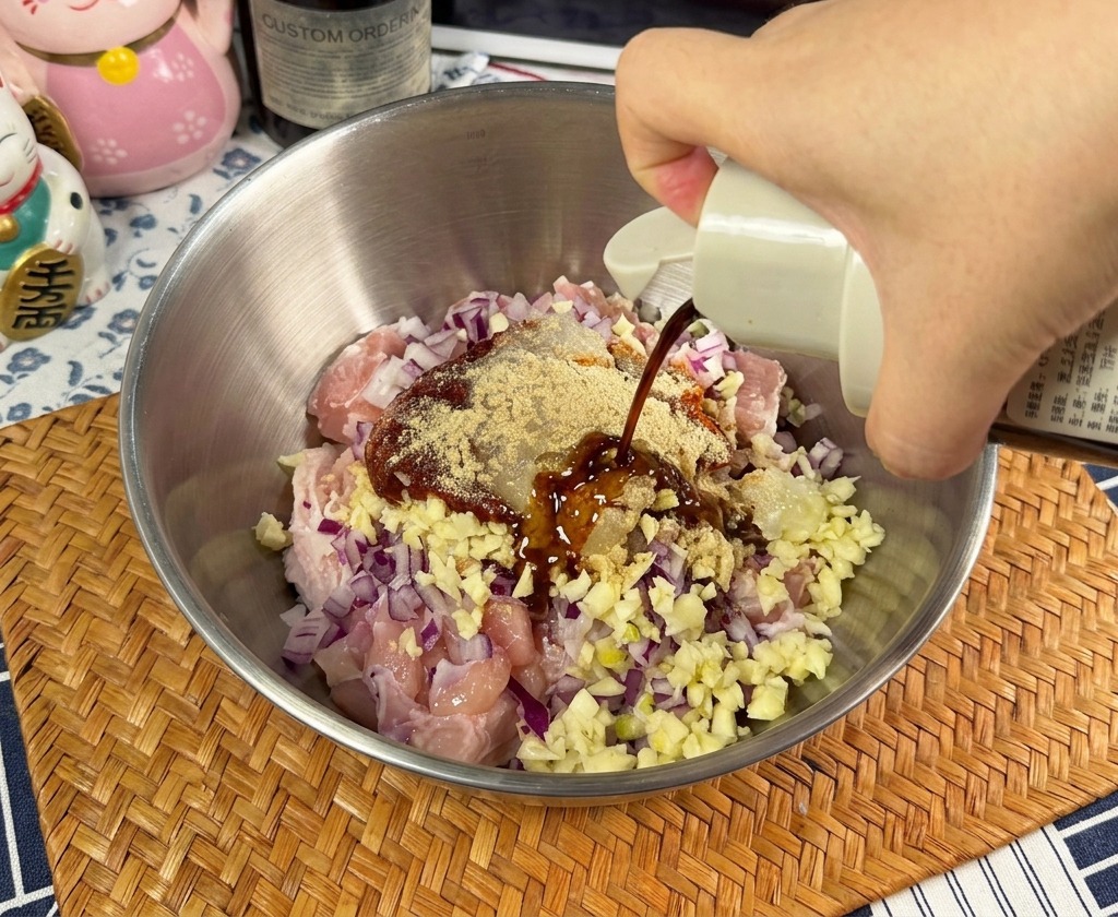 생닭고기 조각, 다진 적양파, 고추장이 담긴 볼에 흰 병에 든 진간장을 둥글게 원을 그리며 붓고 있는 손.