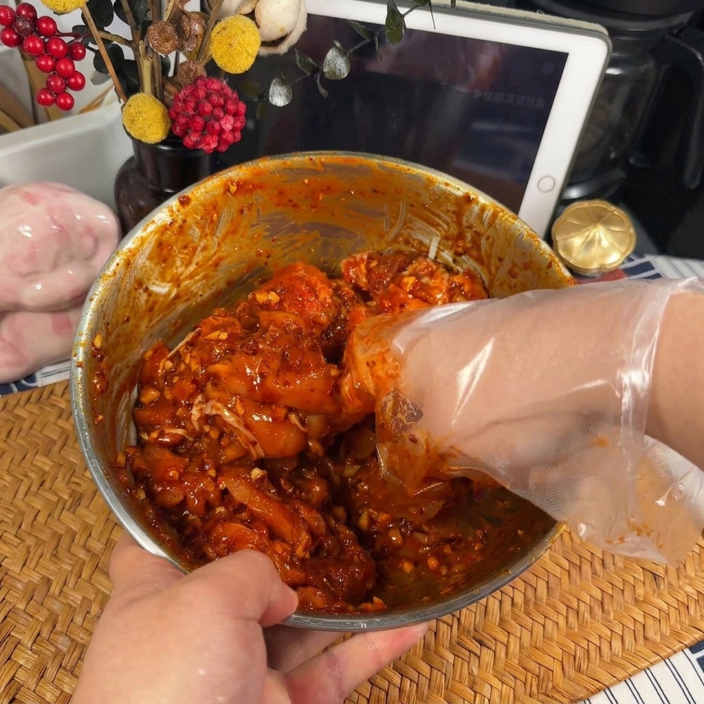 투명 위생장갑을 낀 손으로 스텐 볼에서 부드러운 닭고기 조각들을 진하고 새빨간 양념에 조물조물 버무리는 모습.