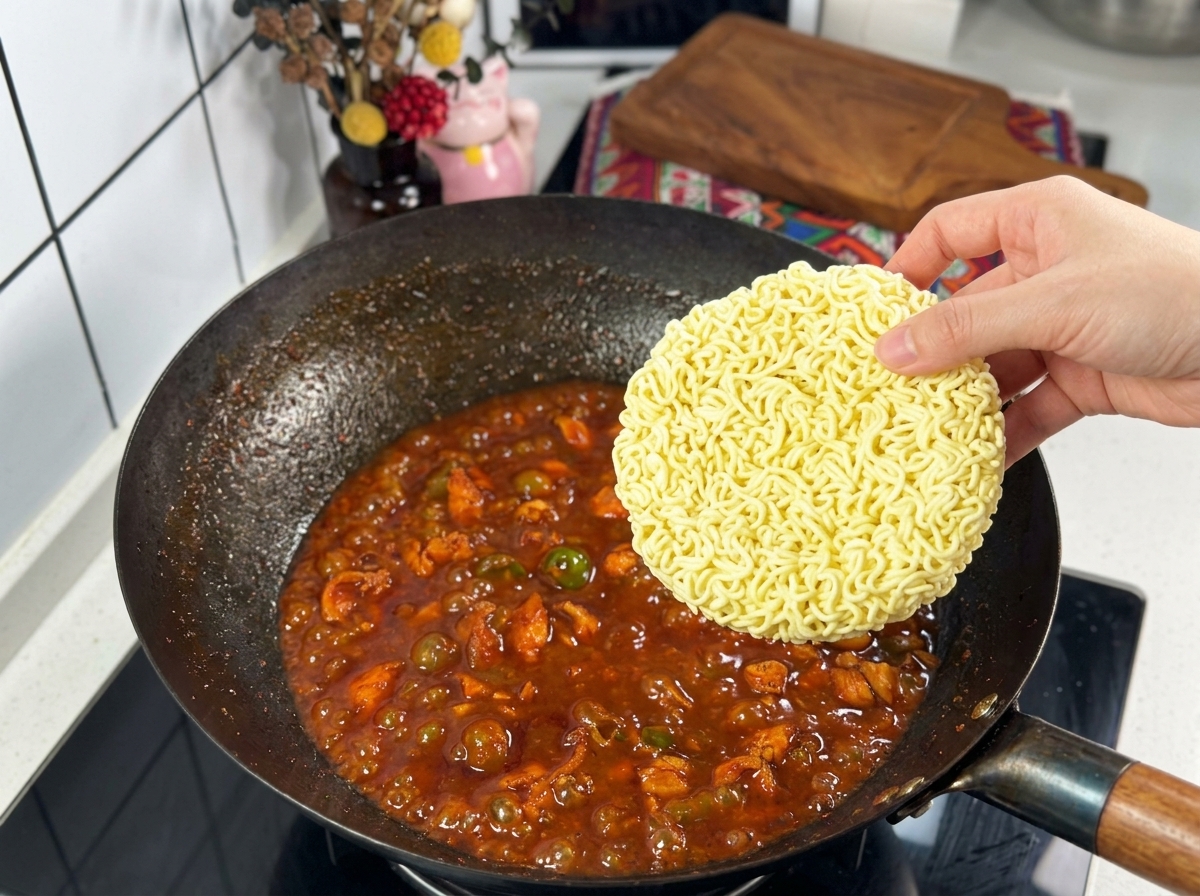 보글보글 끓는 매콤한 소스와 닭고기가 담긴 웍 중심에 딱딱한 라면 사리를 통째로 넣으려는 손.