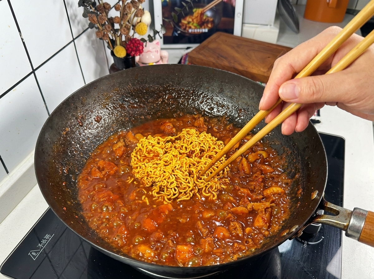 커다란 검은색 웍 안에서 짙은 빨간색 소스에 졸여지는 라면 사리를 나무 젓가락으로 살살 풀어주는 모습.