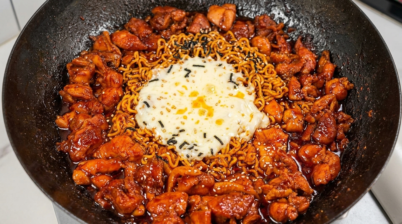 치즈를 얹은 매콤한 한국식 닭고기 볶음면