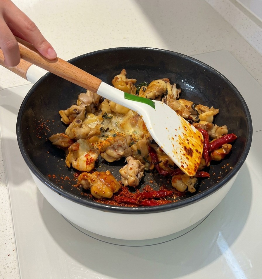 흰색 뒤집개로 팬 안의 닭고기, 건고추, 고춧가루를 볶으면서 붉은 고추기름이 재료를 감싸기 시작하는 모습