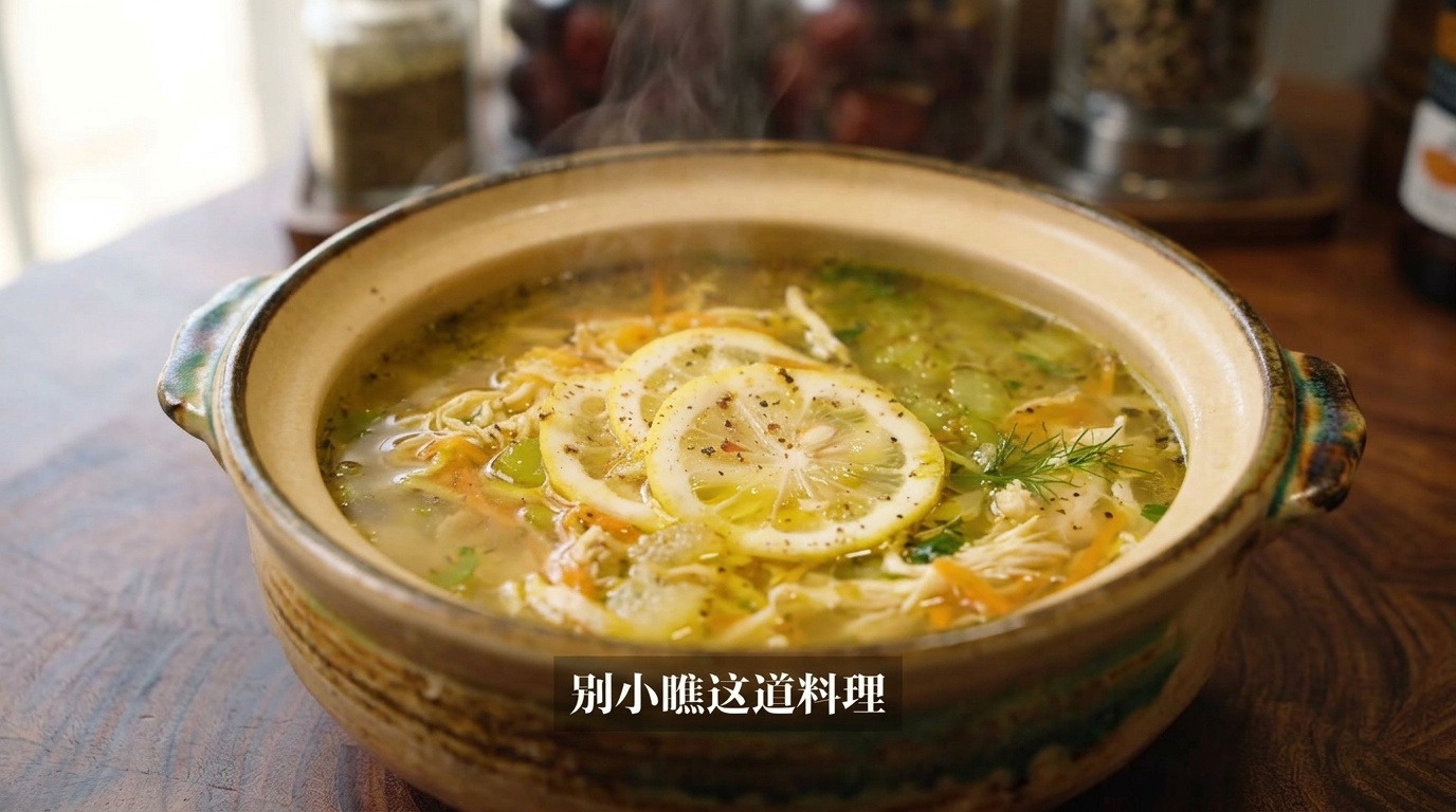 결대로 찢은 닭고기와 선명한 색감의 채소, 신선한 레몬 슬라이스가 어우러진 정갈한 도자기 그릇 속 그리스식 레몬 치킨 수프.