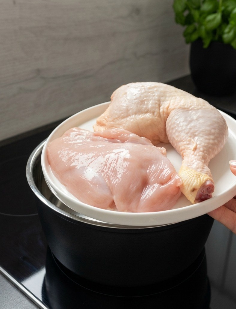 마늘과 월계수 잎을 넣은 냄비 물 위로 생 닭가슴살과 닭다리가 담긴 흰 접시를 들고 있는 모습.