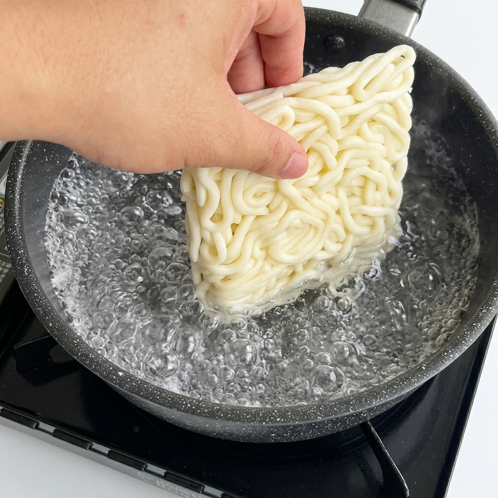 끓는 물이 담긴 냄비에 사각 모양의 흰 냉동 우동면을 넣는 모습