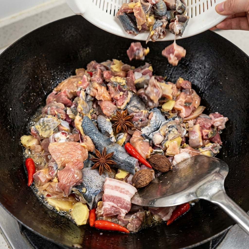 기름과 통향신료가 담긴 커다란 검은 웍 속으로 흰색 플라스틱 채반에 받쳐둔 토막 낸 오골계를 조심스럽게 붓는 모습