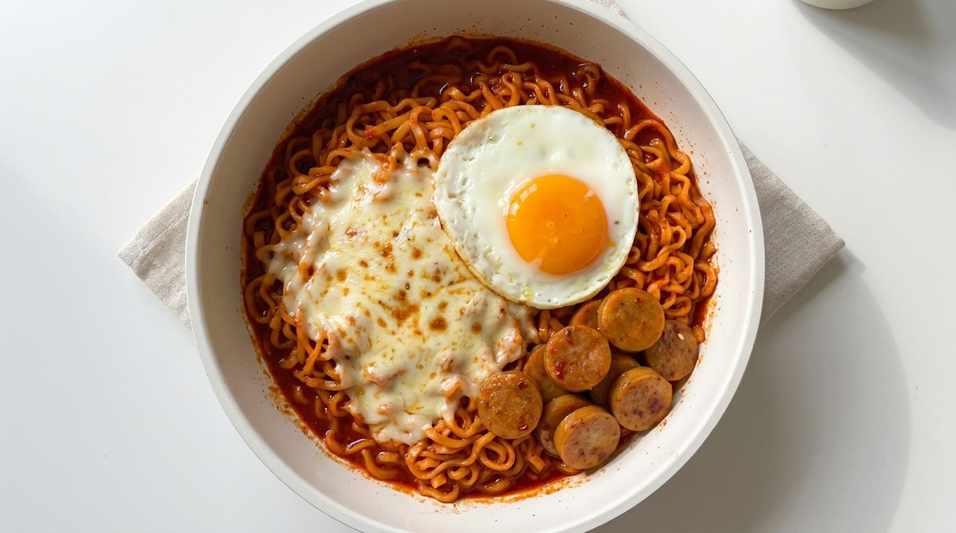 소시지와 계란을 곁들인 부드러운 치즈 불닭볶음면