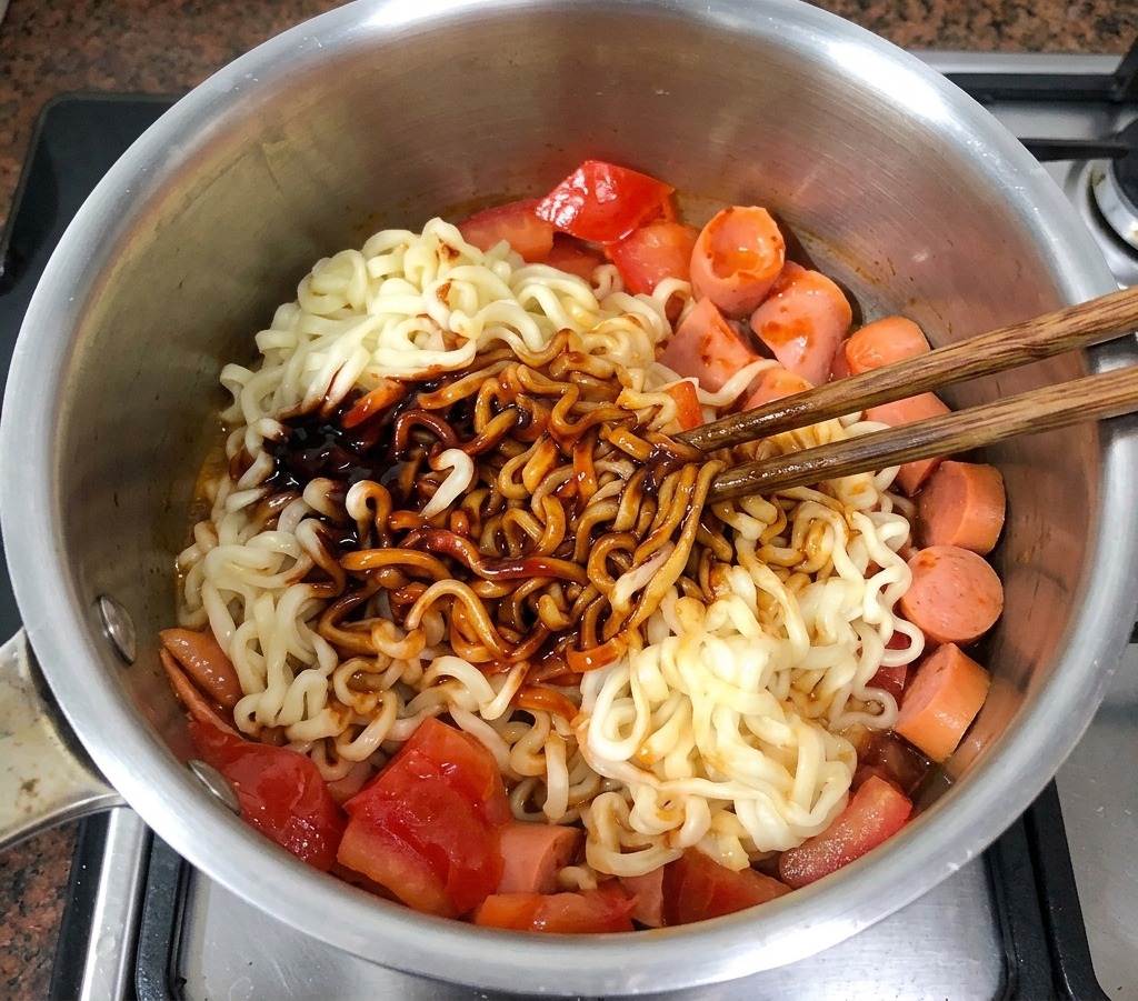 졸여진 토마토 소스 위에 삶은 라면 면발을 올리고 새빨간 불닭 소스를 듬뿍 뿌린 모습.